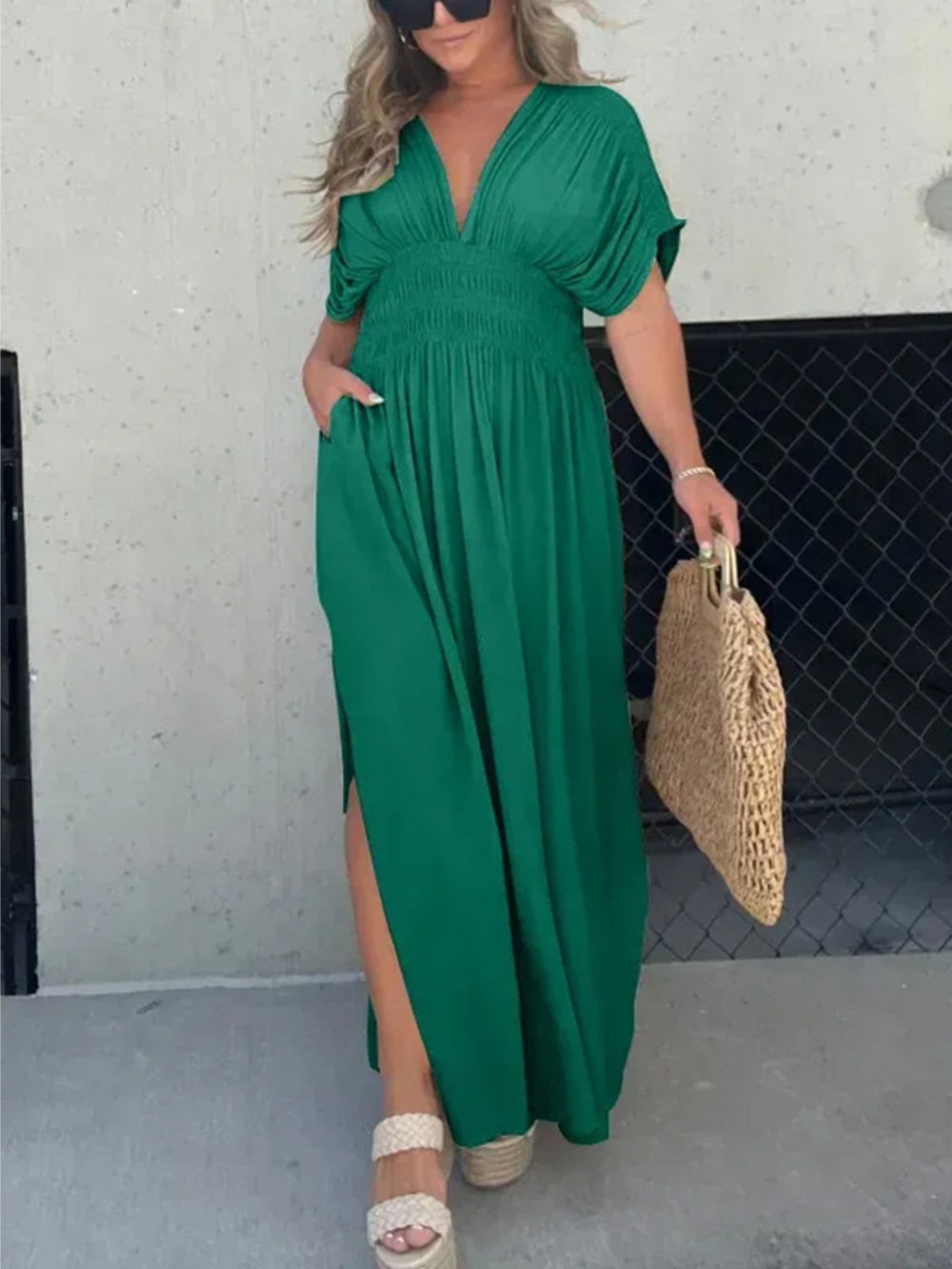 Emerald Green V-Neck Maxi Dress- Full & Plus Sizes
